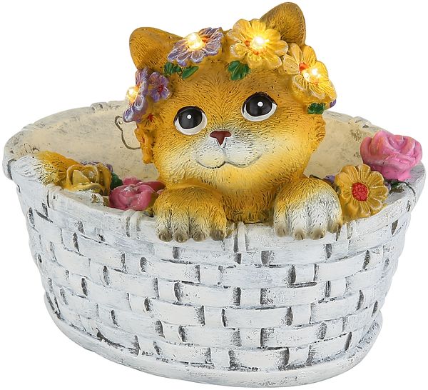 Verspielte LED Deko Solarleuchte Katze und Blumen im Korb, Höhe 15cm Bild 2