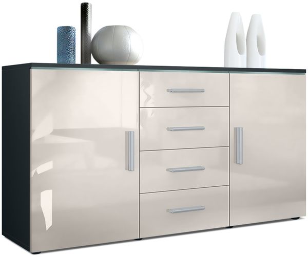 Sideboard Kommode Faro, Korpus in Schwarz matt / Front in Sandgrau Hochglanz (139 x 72 x 35)
