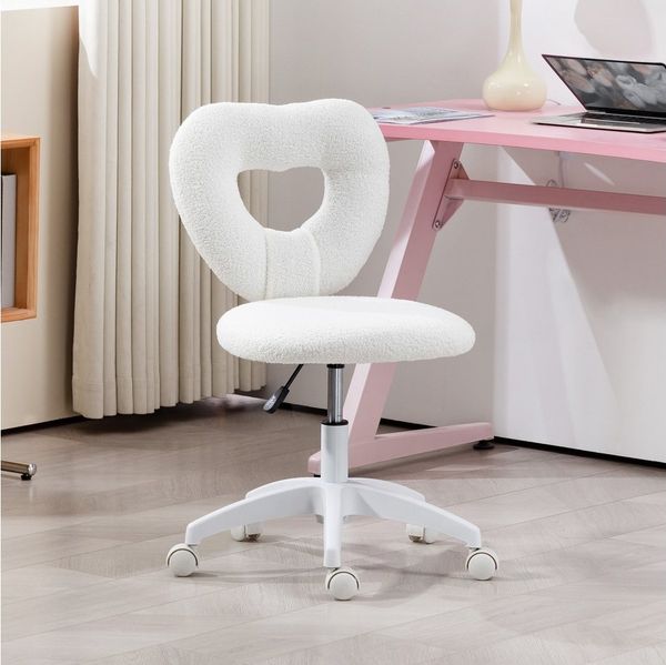 HOMCOM Bürostuhl Drehbar Schreibtischstuhl mit Herzförmige Rückenlehne, ohne Armlehne (Höhenverstellbarer Teddy-Fleece Schminktisch Stuhl, 1 St), für Arbeitszimmer, Weiß