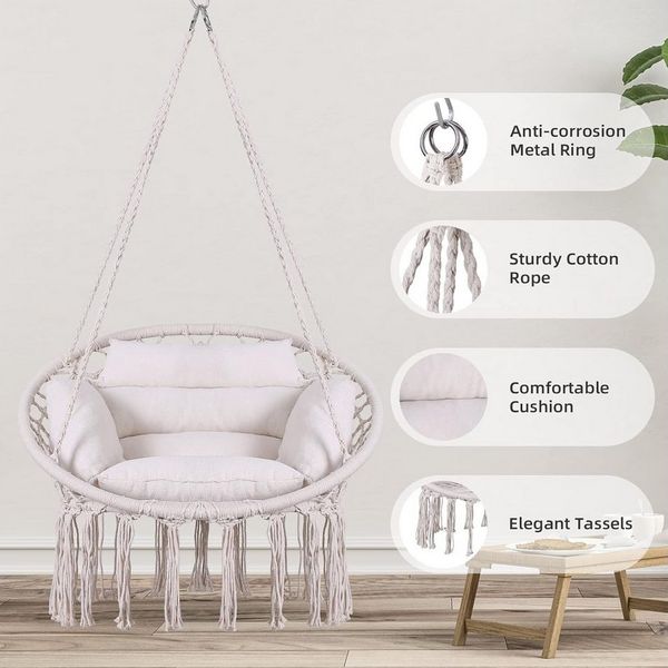 BlingBin Hängesessel Hollywoodschaukelstuhl, Hängematte mit Kissen und Hardware-Kit (1er Set, 1-St, Höchstgewichtempfehlung: 260 Pfund), Baumwollseilstuhl für Schlafzimmer, Außenbereich, Garten, Balkon, Hof