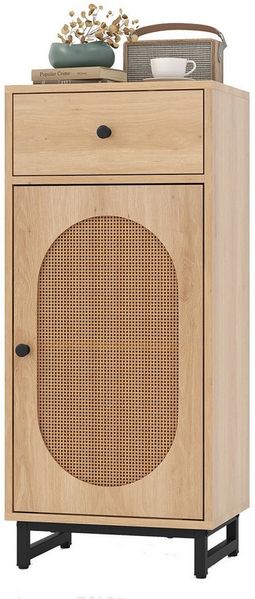 COSTWAY Nachttisch, Rattan mit Schublade, verstellbarem Regal, 40x30x91cm