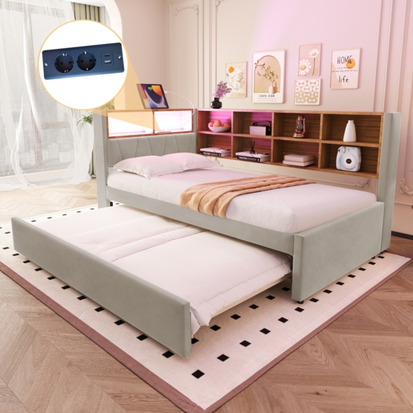 Multifunktionales Schlafsofa 90x200 cm mit Ausziehbett, LED-Licht, Staufächern & Ladeanschlüssen,Hellgrau