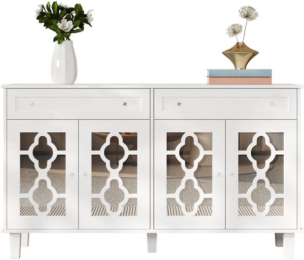 Sideboard mit vier Spiegeltüren, Schubladenschrank mit Schubladen, verstellbaren Einlegeböden und Kristallgriffen