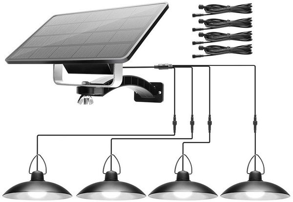 Rosnek Außen-Deckenleuchte 1/2/3/4 Kopf, Solar-Pendelleuchten, für Shop Hof Garage Veranda, 1 Solarmodul mit 4 Lampen, IP65 wasserdicht Solarlampen für Außen Innen