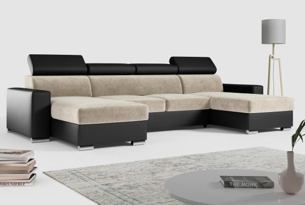 Ecksofa zum Wohnzimmer - U-Form mit Schlaffunktion und Bettkasten - FOX-U - Beige - Schwarz