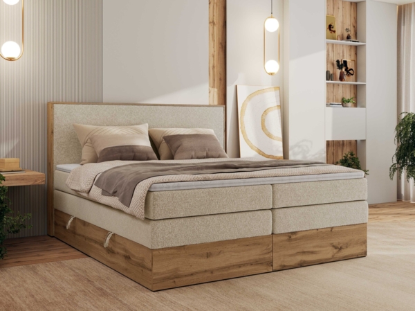 Boxspringbett, Set mit zwei Multipocket-Matratze und Topper, hohe Kopfteil, Eiche Wotan Holzrahmen - WOOD CLASSIC KING - 140 x 200 cm - Creme Struktur - H4