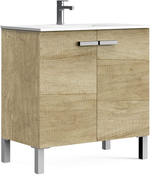 Baikal Neo-Badezimmer-Set, DREI Schubladen oder Zwei Türen, Möbel mit Füßen, ohne Spiegel, Verschiedene Ausführungen und Maße, Melamin, 16 mm, Möbelstück montiert.