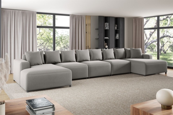 Wohnlandschaft Sofa U-Form Designersofa MEGAN XL in Stoff Salvador Hellgrau