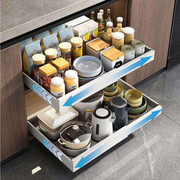 BlingBin Küchenregal Teleskopschublade für Küche, Ausziehbarer Metall Schrank Organizer, 39.5*23.5*11cm, 2er Set 2-tlg, Erweiterbar Küchenschublade mit Holzgriff für Küche Unterschrank