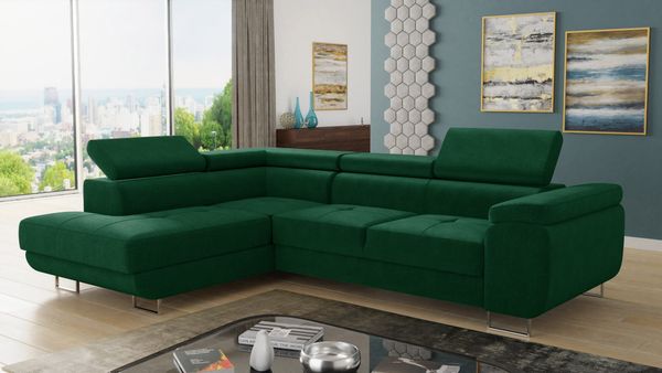 Ecksofa Caris mit Schlaffunktion, Bettkasten und einstellbare Kopfstützen (Grün (Kronos 19), Ecksofa Links)