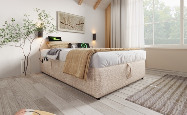 Bett 90x200 cm Polsterbett aus Leinen mit hydraulischem Bettkasten, integriertem Bücherregal und USB‑Type‑C，Natürlicnah und Weiß