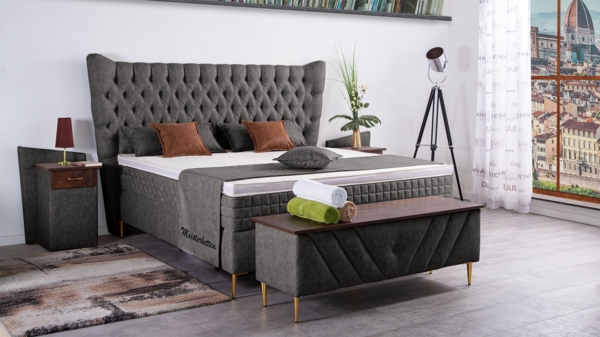 Meisterbetten Boxspringbett Quin 160x200 in MS-Grey, Matratzenbezug Optiflex, Ergoflex-Topper