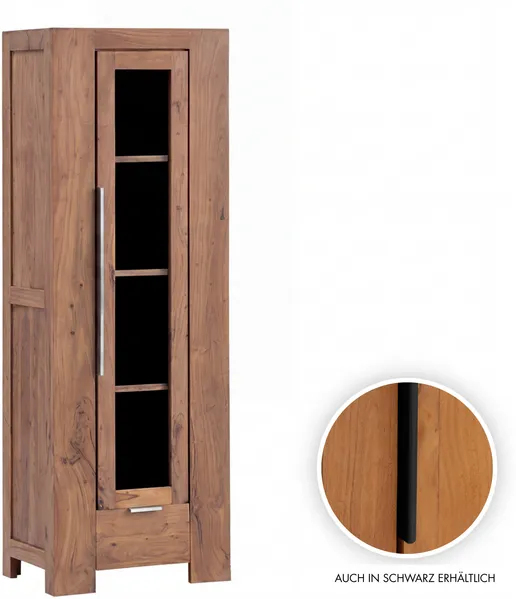 Vitrine Osbon massivum Akazie Massivholz braun mit silbernen Griffen 65 x 190 x 45 cm Vitrinenschrank Hochschrank Schrankvitrine schmaler Schrank