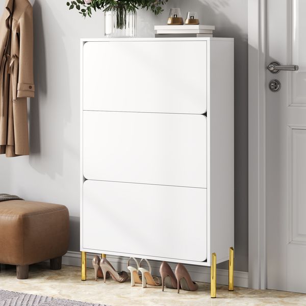 Moderner minimalistischer Schuhschrank ,Drei Türen ,Großes Fassungsvermögen , Goldene Schrankfüße , Stilvoll und praktisch , Geeignet für den Eingangsbereich oder das Foyer.