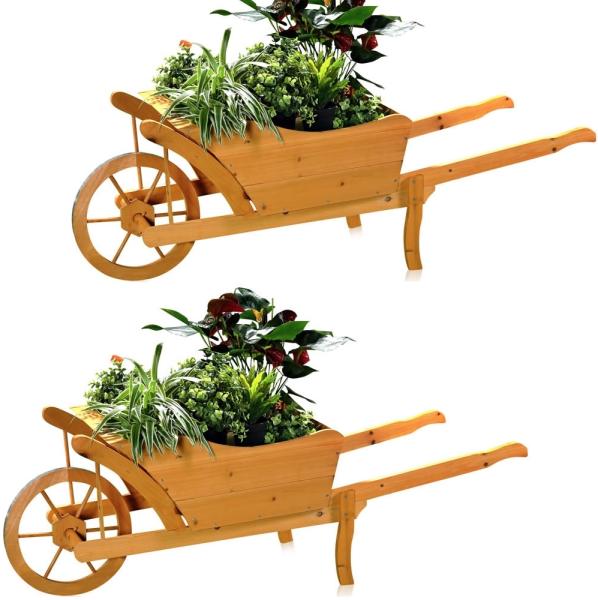2xGarten Pflanzschubkarre Schubkarre aus Holz Blumenkarre Pflanztrog Blumenkübel