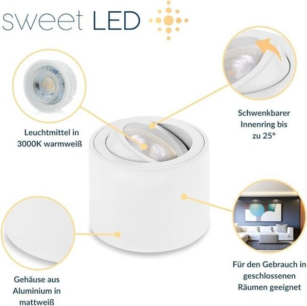 Sweet LED LED Aufbaustrahler 6er Set flache LED Aufbauspots - rund & schwenkbar, 5 W, 230V, LED wechselbar, Warmweiß, LED Deckenlampe, Deckenspot, Deckenstrahler