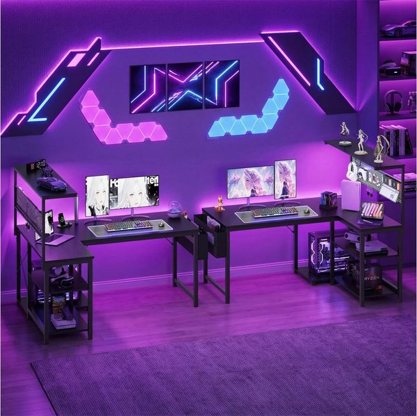 YOUDENOVA Gamingtisch Gaming Schreibtisch L Form 120x80 cm mit LED Steckdose Regal Schwarz (1-St)