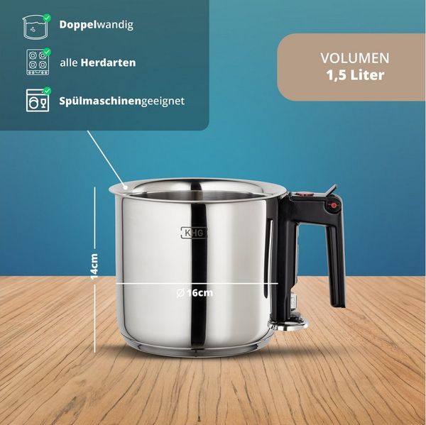 KHG Simmertopf Milchtopf 16 cm, Doppelwandig mit Grifföffnung, Edelstahl, 1,5 Liter Innenskala, Wasserbad-Prinzip, alle Herdarten auch Induktion