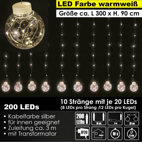 LEX 'LED Kugel Lichterkette', Warmweiß, 10 Stränge mit je 20 LEDs, Kugeldurchmesser 8 cm, Transformator, Innenbereich