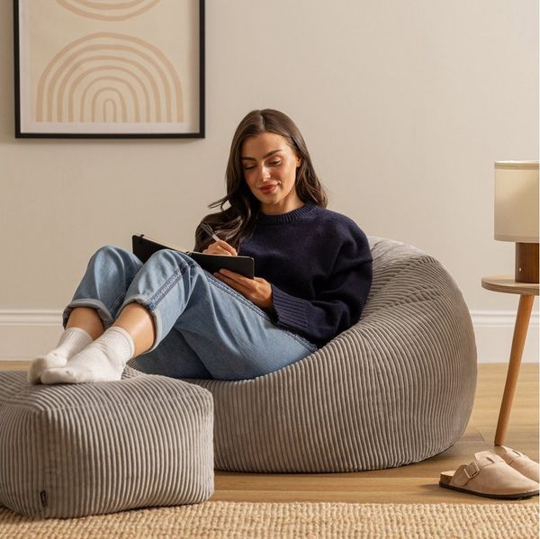 Icon Kingston Sitzsack mit Hocker Cord, Grau, Sitzsack Erwachsene mit Füllung, Bean Bag, Cord Sessel, Lounge Sessel, Lounge Stuhl, Schlafzimmer, Wohnzimmer, Wohnzimmer Möbel
