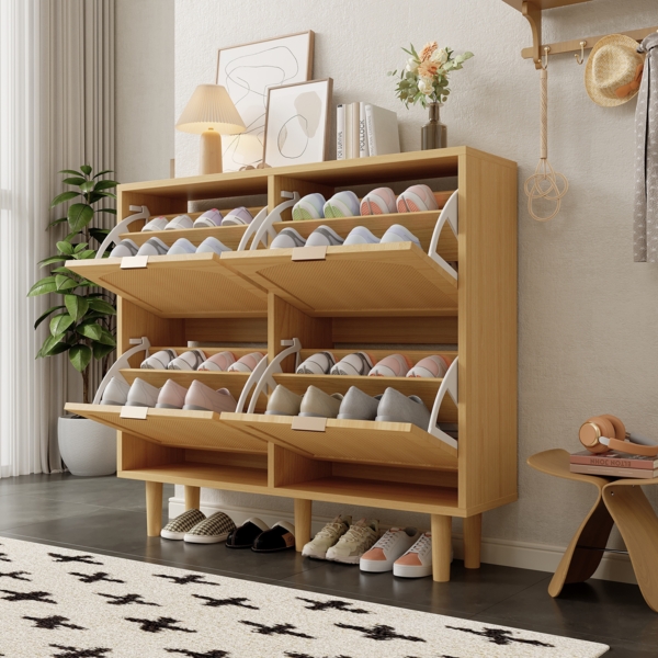 Merax Schuhschrank mit 4 Klappschubladen, Schuhkommode aus Rattan mit Metallgriffen, Schuhregal, Oak