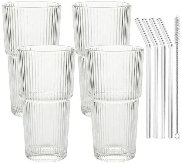 mixed24 Gläser-Set 4er Set Geriffelte Gläser 550ml inkl. Glashalm, ideal für Iced Matcha Latte, Latte Macchiato, Cocktails, Smoothies