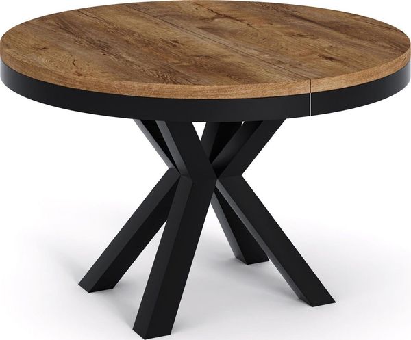 Runder Ausziehbarer Esstisch Weiß - Tisch im Loft-Stil mit Metallbeinen - Industrieller Tisch für Wohnzimmer - Spacesaver - Eiche Lefkas - Schwarz - 100 cm