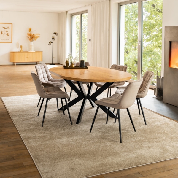 HOME DELUXE Essgruppe Rund Ausziehbar AVENTURA inkl. Sternfuß - 120-160 x 120 cm Light Oak 6 Stühle Hellbraun