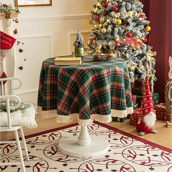 BTTO Tischdecke Tischtuch mit Quasten,Weihnachtlich kariertes Tischdecke, Weihnachtstischdecke,Rechteckige/Runde Karos Bild 2