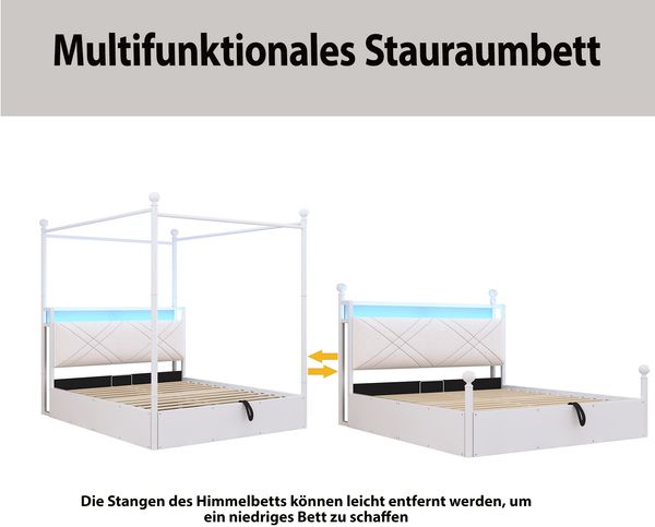 Merax Doppelbett, Jugendbett, 140 x 190cm, mit Stauraum, mit abnehmbaren Bettpfosten mit LED-Beleuchtung und USB/Type-C Ladeanschlüssen sowie drei Schubladen, Weiß Bild 5