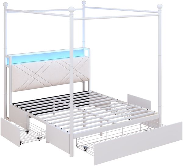 Merax Doppelbett, Jugendbett, 140 x 190cm, mit Stauraum, mit abnehmbaren Bettpfosten mit LED-Beleuchtung und USB/Type-C Ladeanschlüssen sowie drei Schubladen, Weiß Bild 8