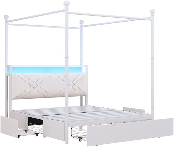Merax Doppelbett, Jugendbett, 140 x 190cm, mit Stauraum, mit abnehmbaren Bettpfosten mit LED-Beleuchtung und USB/Type-C Ladeanschlüssen sowie drei Schubladen, Weiß Bild 9