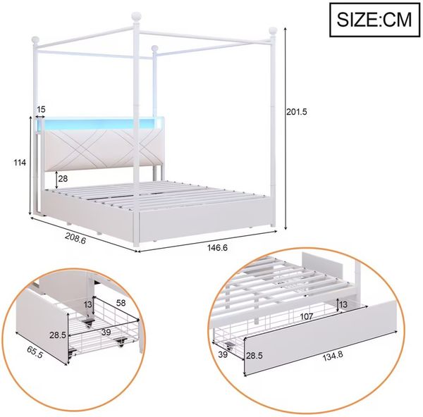 Merax Doppelbett, Jugendbett, 140 x 190cm, mit Stauraum, mit abnehmbaren Bettpfosten mit LED-Beleuchtung und USB/Type-C Ladeanschlüssen sowie drei Schubladen, Weiß Bild 4