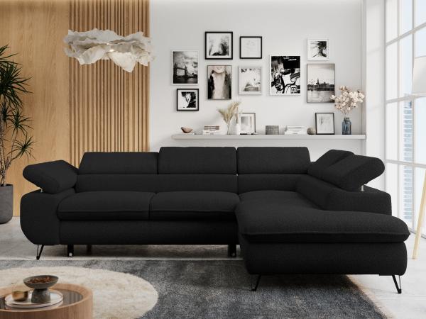 Mks Möbel 'Peter L-form' Ecksofa mit Bettfunktion, Bettkasten & einstellbaren Kopfstützen, Schwarz, Boucle, mit Topper, rechts