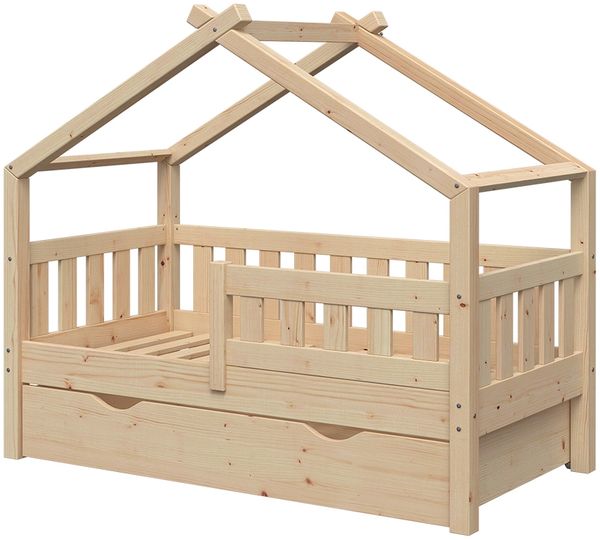 Hausbett Design Naturholz 70x140 cm mit Schublade Vitalispa