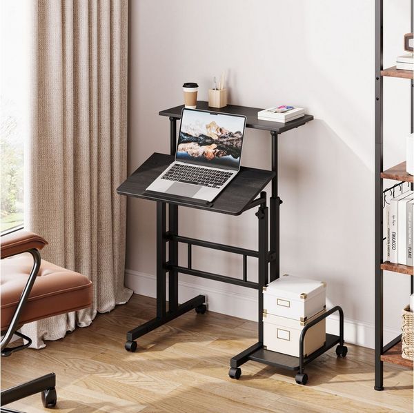 OUNUO Schreibtisch Laptoptisch Höhenverstellbar mit Rollen und kippbarer Tischplatte
