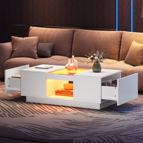 Couchtisch 100 x 50 x 35,5 cm in Weiß mit Glaseinsatz, LED-Beleuchtung und 2 Schubladen