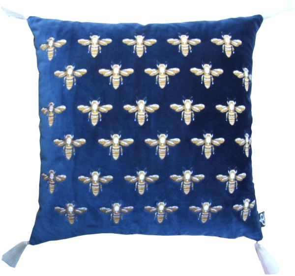 Casa Padrino Luxus Deko Kissen mit Troddeln Bees Blau / Gold / Weiß 45 x 45 cm - Feinster Samtstoff - Luxus Deko Accessoires