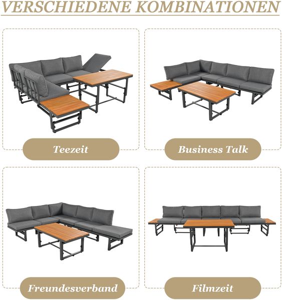 Merax Gartenmöbel-Set, 3-teiliges Set mit 2 Sofas, 1 Tisch, verstellbarer Rückenlehne & Tisch, Akazienholz, inklusive Kissen, grau Bild 10
