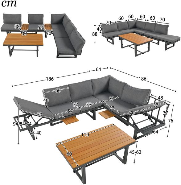 Merax Gartenmöbel-Set, 3-teiliges Set mit 2 Sofas, 1 Tisch, verstellbarer Rückenlehne & Tisch, Akazienholz, inklusive Kissen, grau Bild 6
