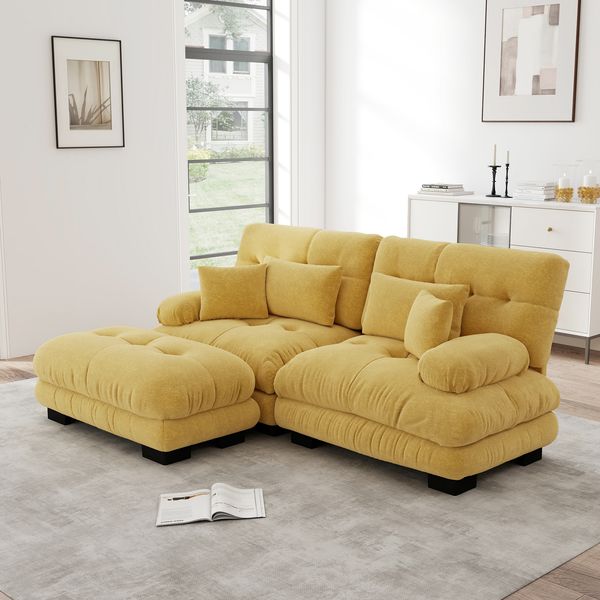 Ecksofa aus Chenille mit Ottomane & Kissen, gelb