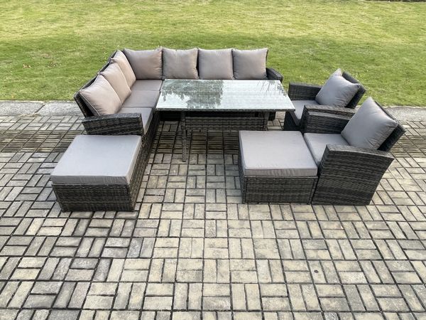 Fimous 10 Sitzer Hoher Rücken Rattan Gartenmöbel-Set Ecksofa mit Rechteckiger Esstisch 2 Sesseln 2 Großer Hockern