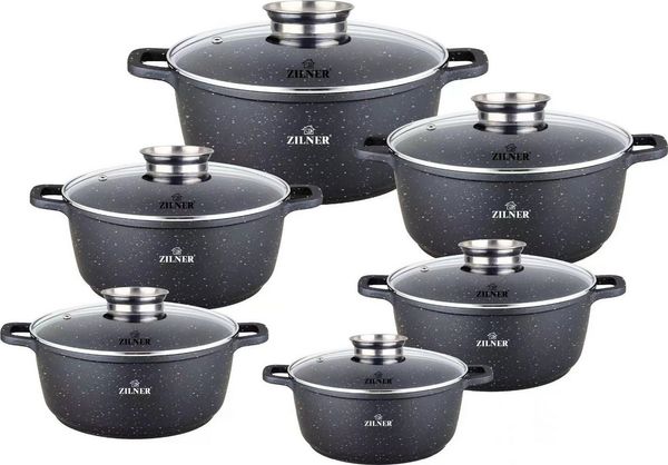 Zilner Topf-Set Schwarze Töpfe in 6 verschiedenen Größen, Steinbeschichtung, Keramik, Edelstahl, Aluminiumguss (1.3L / 2.3L / 3.2L / 4.5L / 6.8L, 12-tlg, Zeitloses Design des Topfsets. Eine ideale Geschenkidee! Hochwertig)
