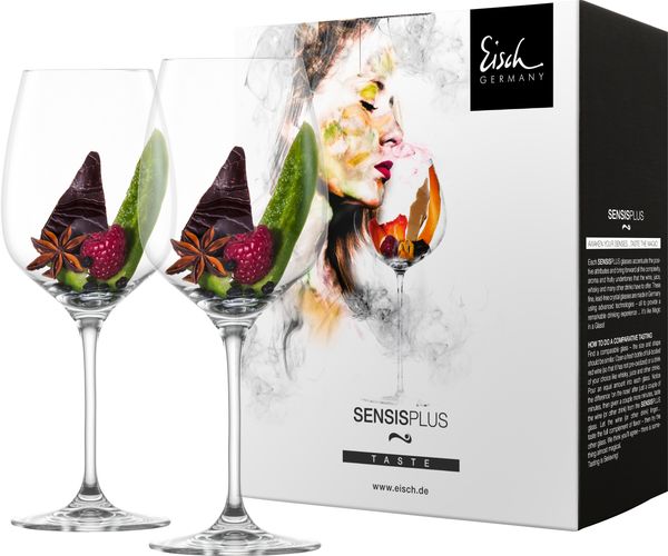 Eisch Superior 500/2 Sensis plus Rotwein 2er Set mit Glaspoliertuch, 2 Gläser im 4 farb. Geschenkkarton 25005020 500/2 + 30094202 942/2