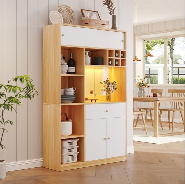 Merax Küchenbuffet mit LED- Beleuchtung, Küchenschrank Buffetschrank Kommode (1-St, B115 × T35 × H180 cm) Hochschrank Sideboard mit Schublade, 3 Türen und offenen Regalen