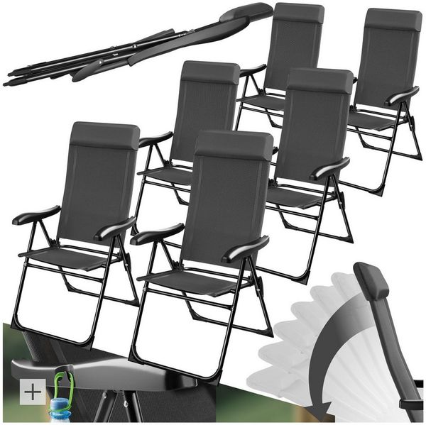 tectake Campingstuhl Faltbarer Aluminium Campingstuhl mit Kopfpolster, 57 x 65 x 112 cm (Outdoor Balkonstuhl Müritz für Außen in Anthrazit, 6 St), Textilene-Gewebe, wetterfest und UV-beständig, Belastbarkeit 120 kg