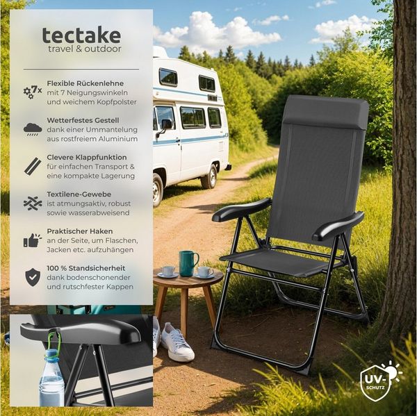 tectake Campingstuhl Faltbarer Aluminium Campingstuhl mit Kopfpolster, 57 x 65 x 112 cm (Outdoor Balkonstuhl Müritz für Außen in Anthrazit, 6 St), Textilene-Gewebe, wetterfest und UV-beständig, Belastbarkeit 120 kg