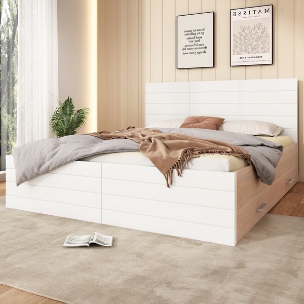 Polsterbett 160×200 cm aus Massivholz und MDF mit zwei Schubladen, weiß