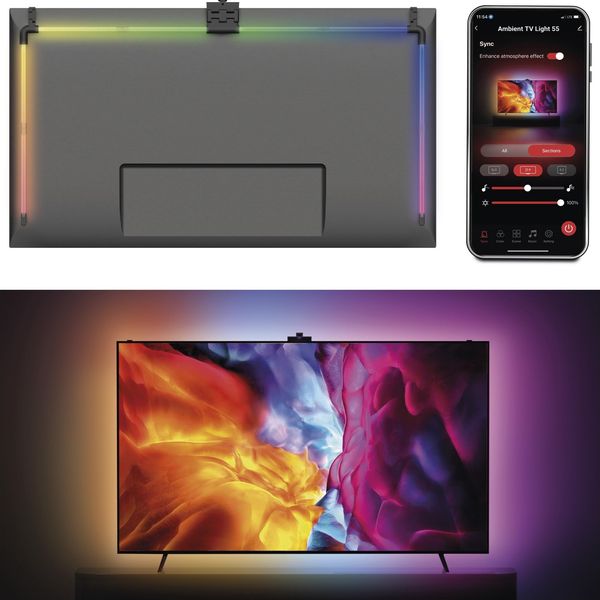 EMOS - Smarte TV Hintergrundbeleuchtung für 55“ TV (139 cm) - abnehmbare RGBIC LED Light Tubes für Fernseher, mit Kamera - Helligkeit 450 lm - WiFi Konnektivität, Appsteuerung, Sprachassistenten