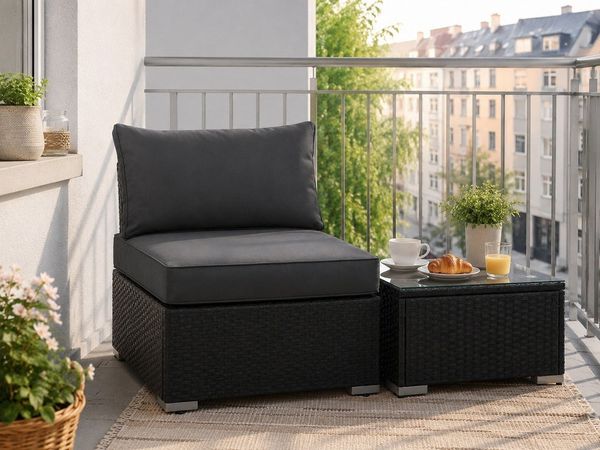MeXo Gartenlounge-Set modulares Poly-Rattan Lounge-Set, (Lounge-Sitzmodul mit Glas-Beistelltisch, 10 cm Polster, Balkonmöbel wetterfest, UV-beständig), kleines Gartenmöbel-Set für Balkon & Terrasse